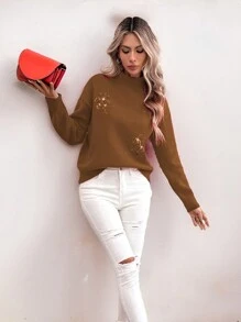 SHEIN LUNE Women's Beaded Decor Stand Collar Long Sleeve Casual Christmas Sweater Knit Pullover Fall Winter Sweater - Brown - View 3