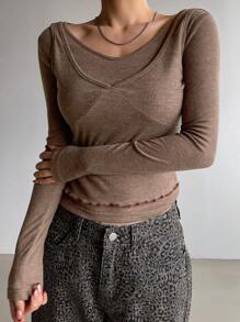 DAZY 二合一纯色修身女式 T 恤长袖女式上衣，秋季女装