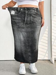 SHEIN CURVE+ Plus Size Women's Denim Effect Effect Printed Skirt (Not Real Denim) - Black - View 8