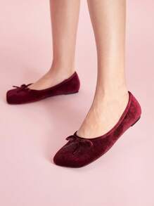 CUCCOO DOLLMOD Plus Size Rhombic Toe Flat Burgundy Red Suede Bow Decor Cute Flat Shoes, Minimalist Style For Women, Autumn/Winter New Year Holiday Valentines