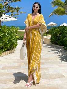 DAZY Damen V-Ausschnitt, locker sitzendes Strandkleid in Midi-Länge, gelber Blumen-Muster Urlaubskleidung im Strandstil, lässige Strandüberwurfkleidung, Boho Sommerkleid für Frühling/Sommer