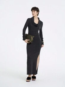 SHEIN LUNE 女士特殊领口简约针织连衣裙，带侧开衩 - 灰色 - 查看 6
