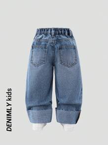 SHEIN Girls' Casual Versatile All-Match Comfy Washed Denim With Rolled Hem Design, Suitable For Everyday Wear - Medium Wash - View 2