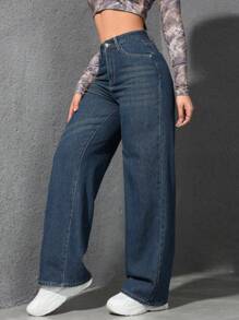 SHEIN ICON 牛仔休闲长裤，简约时尚，适合日常穿着 - 深色水洗藍 - 查看 7