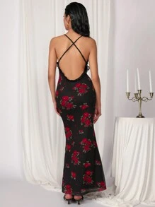 COSMINA 女士花卉印花深 V 领露背连衣裙，性感