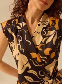 CAJUNI 女士波西米亚风印花无袖西装领裹身系带黑色短款连体裤，夏季休闲度假连体衣 - 彩色 - 查看 4