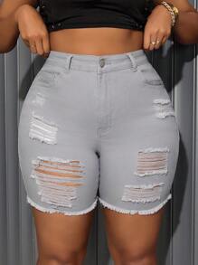 SHEIN SXY Plus Size Ripped Denim Shorts, Minimalist & Fashionable Casual Daily Wear - Grey - View 1