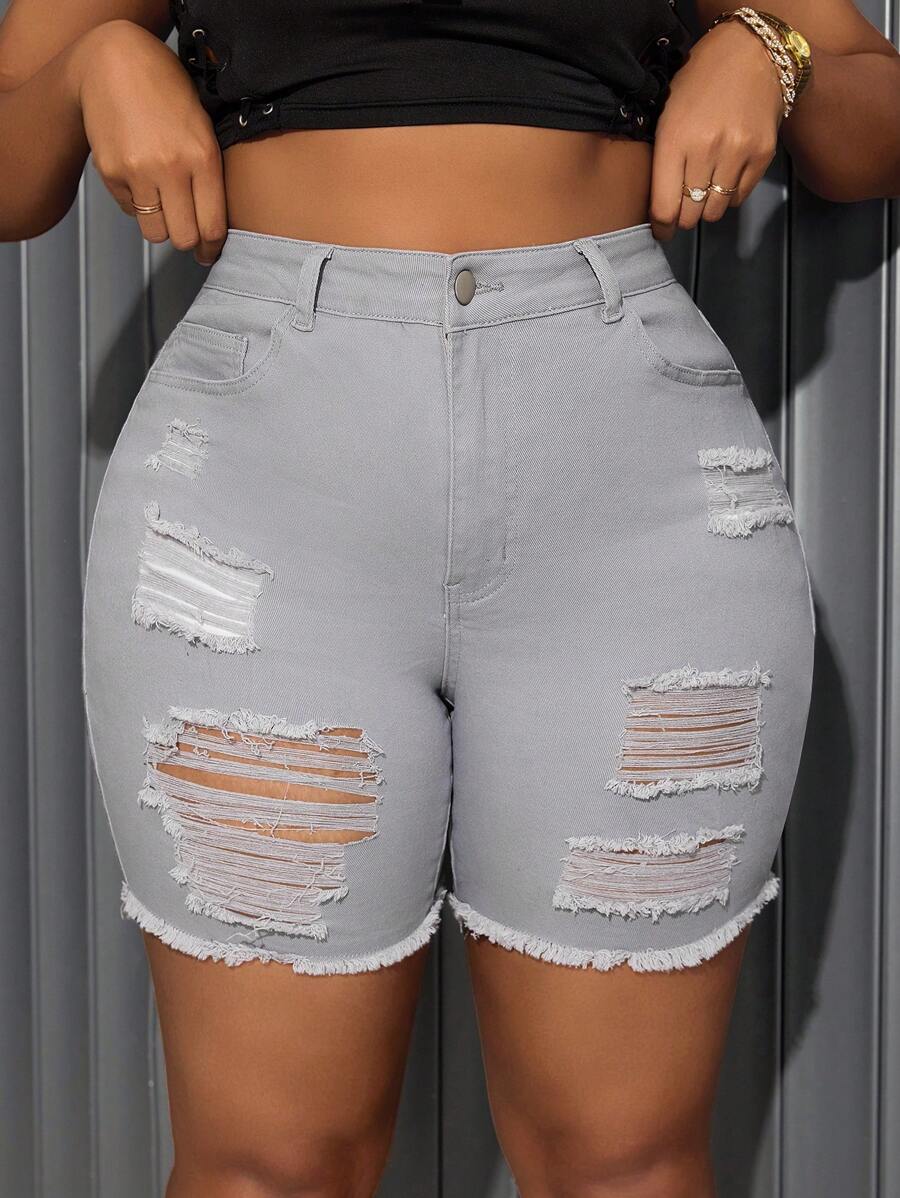 SHEIN SXY Plus Size Ripped Denim Shorts, Minimalist & Fashionable Casual Daily Wear - Grey - View 1