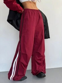 SHEIN EZwear Pantalón de chándal de pierna ancha, de talle medio, con cremallera, textura de decoración y pierna ancha, para mujer, de otoño/invierno - Burdeos - Ver 6