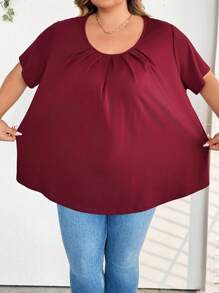 SHEIN CURVE+ 加大码女式圆领褶皱酒红色上衣 /情人节/加大码女式Cotta圆领褶皱加大码上衣 母亲节、情人节