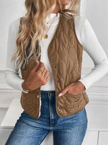 SHEIN LUNE Chaleco acolchado de algodón liso con botones frontales, sin mangas, de estilo casual y sencillo para mujeres