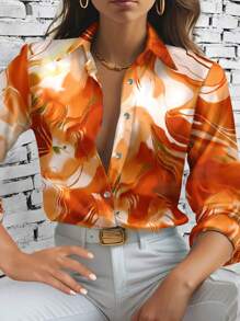 SHEIN Clasi Women's Long Sleeve Button Down Casual Shirt With Gilded Time All-Over Print,Long Sleeve Tops - Orange - View 5