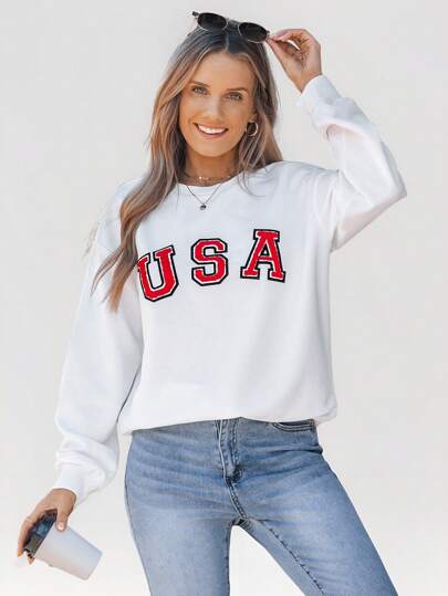 SHEIN LUNE Sudadera holgada con cuello redondo, bordado de letras y hombros caídos para mujer