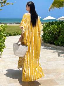 DAZY Damen V-Ausschnitt, locker sitzendes Strandkleid in Midi-Länge, gelber Blumen-Muster Urlaubskleidung im Strandstil, lässige Strandüberwurfkleidung, Boho Sommerkleid für Frühling/Sommer