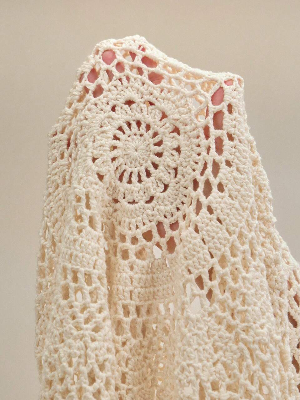 Anewsta Boho Crochet Knit Oversized Long Sleeve Sweater,Cream White Floral Cutout Design,Elegant Vacation Pullover For Autumn,Commute Casual Outings Knitwear