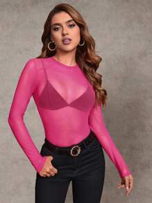 SHEIN BAE Sheer Slim Top Without Bra - Hot Pink - View 1