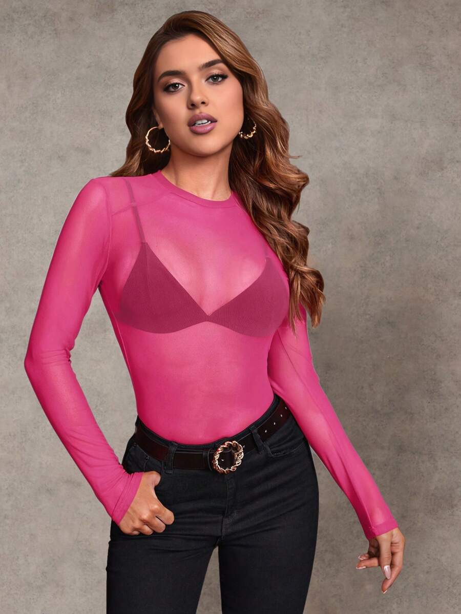SHEIN BAE Sheer Slim Top Without Bra - Hot Pink - View 1