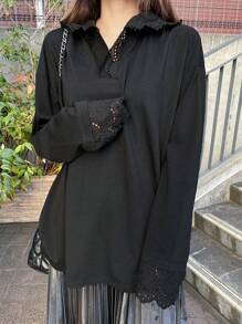 FRIFUL 女士黑色连帽T恤，饰有刺绣布边，春季长袖