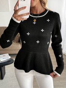 SHEIN Clasi Suéter de punto casual con patrón geométrico para mujer, suéter de punto de otoño/invierno - Negro - Ver 6