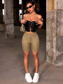 شورتات جينز سادة للنساء، كاجوال وأنيقة للبس اليومي - كاكي - مشاهدة 5