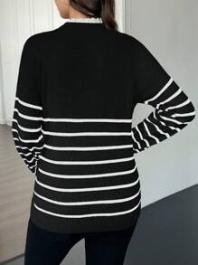 SHEIN 孕妇圆领长袖纽扣毛衣，日常休闲穿着 - 黑與白 - 查看 2