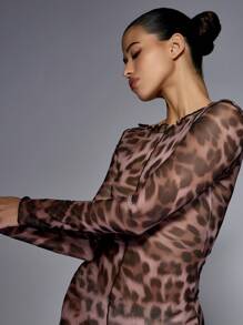 MISSGUIDED Leopard Print Sheer Mesh Exposed Seam Long Sleeves Boat Neck Bodycon Midaxi Dress - Multicolor - View 5