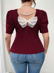 Elenzga 大码女式夏季蝴蝶结装饰短款泡泡袖修身圆领 T 恤，新年款 - 酒紅色 - 查看 2