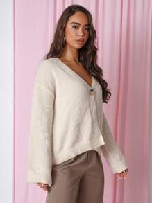 COSMINA Women Solid Color Drop Shoulder Long Sleeve Loose Casual Cardigan, Autumn/Winter - Apricot - View 7
