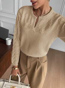 SHEIN Frenchy 女士简约优雅休闲长袖毛衣，日常穿着 - 卡其色 - 查看 3