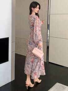 DAZY 女士碎花拼接长袖中长连衣裙，春秋季度假装扮，复活节波西米亚风 - 彩色 - 查看 7