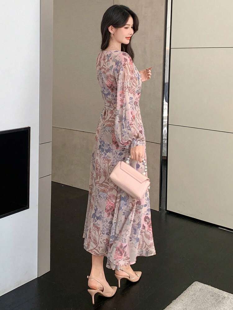 Women's Floral Patchwork Long Sleeve Mid-Length Dress, Spring/Fall Vacation Outfits Women Easter Boho