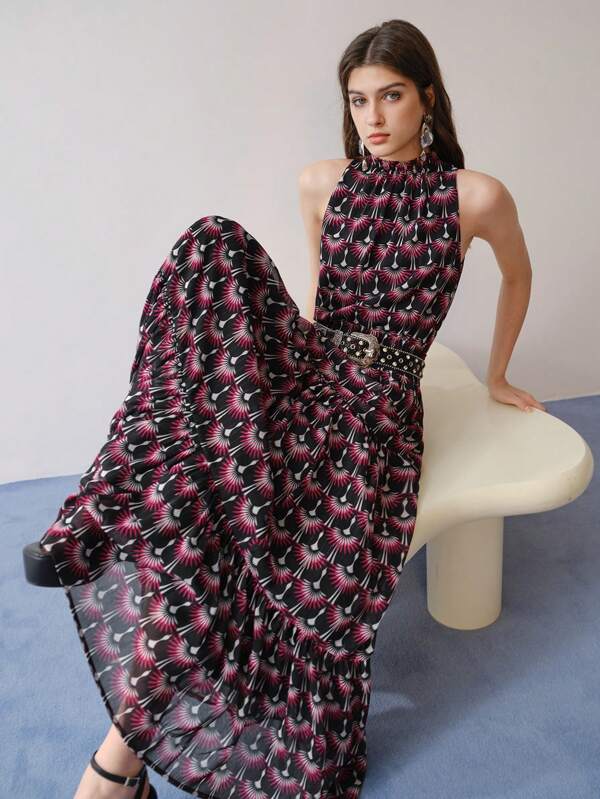 MOTF STUDIO Blusa sin mangas con estampado total y volantes