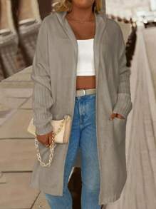 Calvaya Plus Size Open Front Long Sleeve Plain Pocket Hoodie Jacket, Casual Everyday Wear