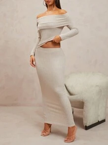 SHEIN SXY Quần áo mùa thu cho nữ: Bộ 2 món cổ áo bất đối xứng vừa vặn thanh lịch và thoải mái có khóa da, trễ vai; thanh lịch tinh tế - Màu be - Xem 5