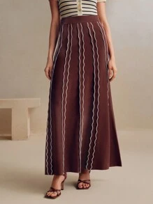 Anewsta 优雅时尚的玛拉荷叶边条纹A字毛衣裙，适合情人节、新年派对等场合 - 咖啡棕 - 查看 5