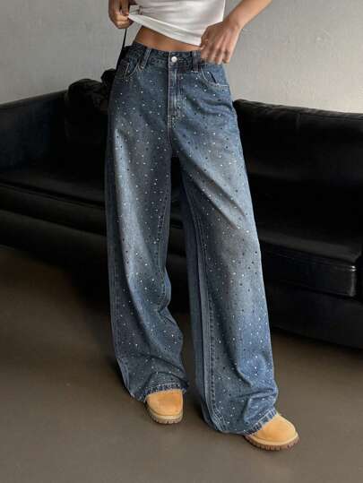 DAZY 女士水钻前扣口袋休闲简约宽松亮片牛仔裤