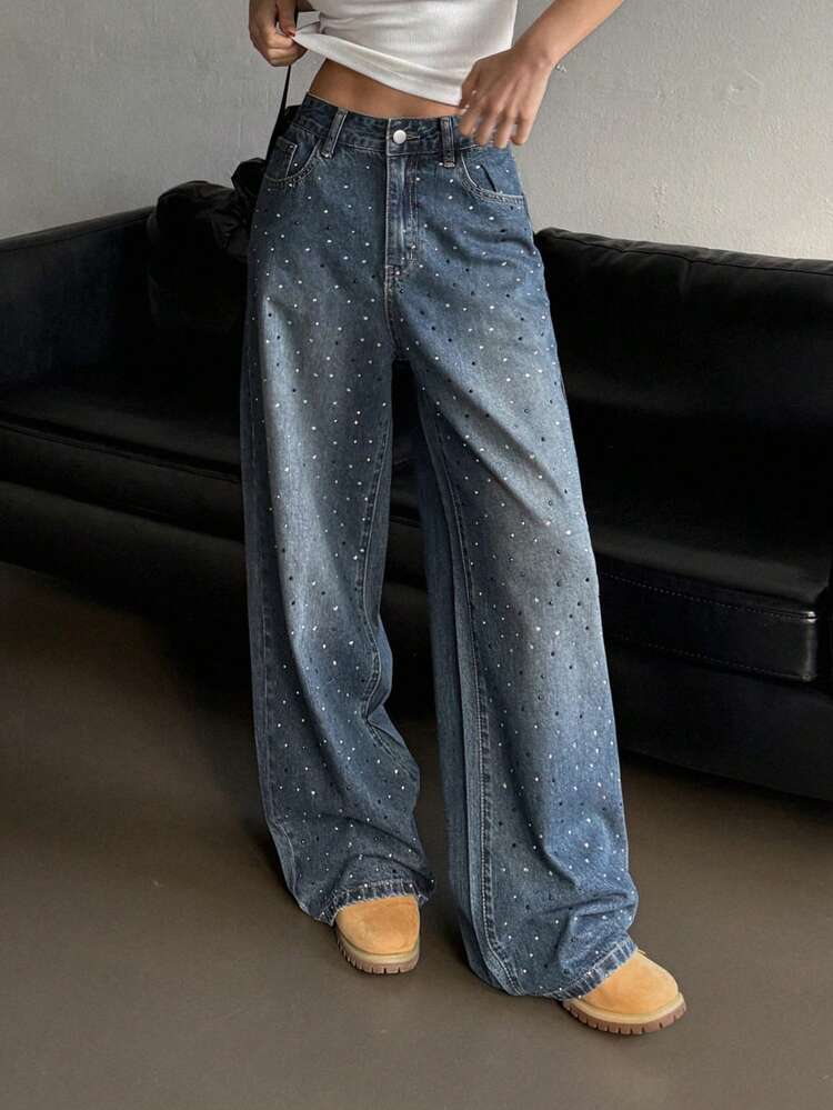 Women's Rhinestone Front Button Pocket Casual Simple Baggy Jeans Sequin