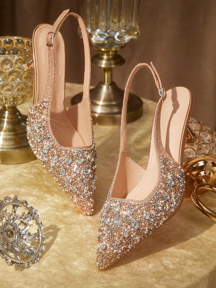 CUCCOO TILAWA Women's Pointed Toe High Heel Rhinestone Bridal Shoes, Champagne Closed Toe Special Occasion Pumps Spring Shoes Spring Break Easter Prom Heels For Christmas