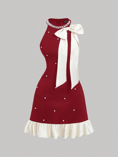 SHEIN MOD Svart miniklänning för kvinnor med vit rosett och pärldekor, kort vinterklänning, formell klänning, högtidsklänning, festklänning, nyårsaftonklänning