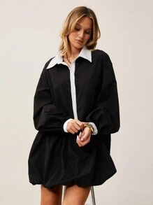 SHEIN Essnce Women's Collared Ruched Mini Dress,  Pleated Long Sleeve Button Up Mini Dress - Black - View 5