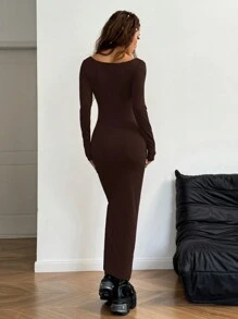 SHEIN EZwear 女式秋冬基本款针织灰色修身方领长袖连衣裙 - 棕色 - 查看 2