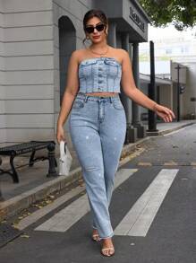 SHEIN Essnce Plus Size Casual Washed Distressed Rhinestone Embellished Jeans - Blue - View 4