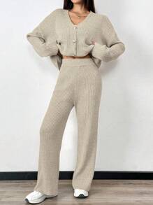 Chiquease Ribbed V-Neck Casual Knit Solid Color Commuter Fitted Skirt Suit