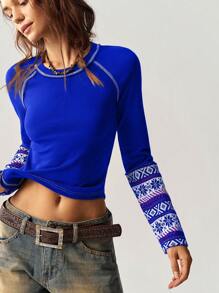 Bohemela 女士度假风格插肩袖拼接图案面料圆领常规版型 T 恤，冬季上衣 - 彩色 - 查看 4