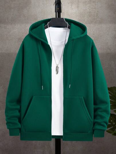 Men's Casual Solid Color Drawstring Hoodie With Thermal Lined, For Autumn And Winter, Long Sleeve Top
