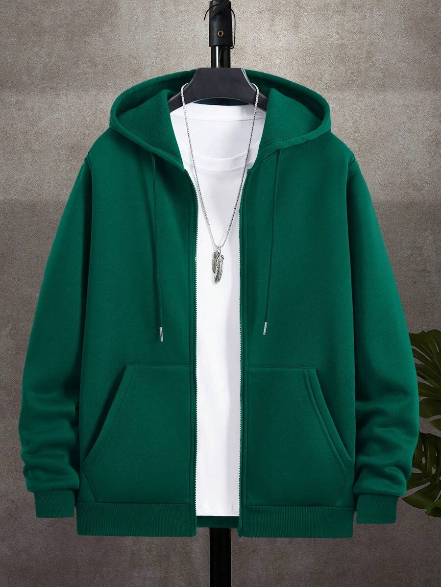 Men's Casual Solid Color Drawstring Hoodie With Thermal Lined, For Autumn And Winter, Long Sleeve Top - Dark Green - View 1