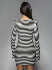 MISSGUIDED Striped Scoop Neck Flared Cuff Bodycon Mini Dress