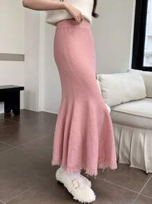 INAWLY 女士纯色美人鱼下摆优雅毛衣裙，秋冬款 - 粉色 - 查看 4