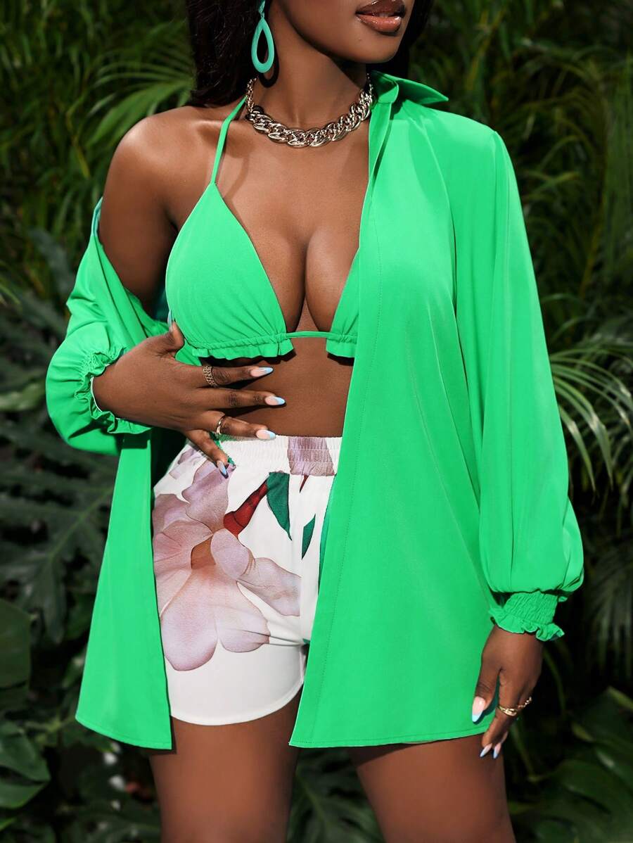 Slaydiva 2 pièces/Set Femme Chemise verte décontractée avec nœud à l'avant et shorts imprimés pour les vacances - Multicolore - Voir 1