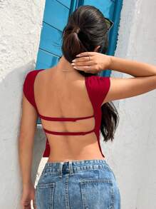 SHEIN EZwear 深红色露背针织女式紧身 T 恤上衣 - 酒紅色 - 查看 3